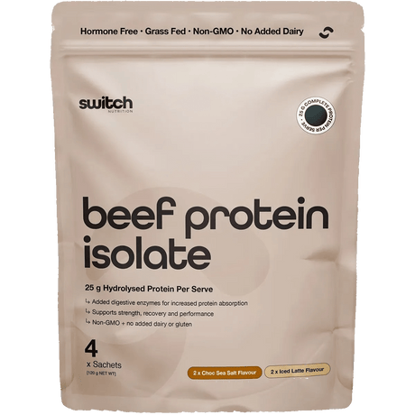 Beige package of beef protein isolate with Switch branding on a white background