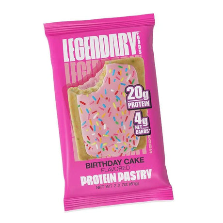 Birthday Cake Protein Pastry - 61g - Best Before 30 Mar 2026 by Legendary Foods in bright pink wrapper with sprinkles design