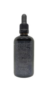 Black Seed Oil - 100ml in dark glass dropper bottle with detailed label highlighting digestive and health benefits