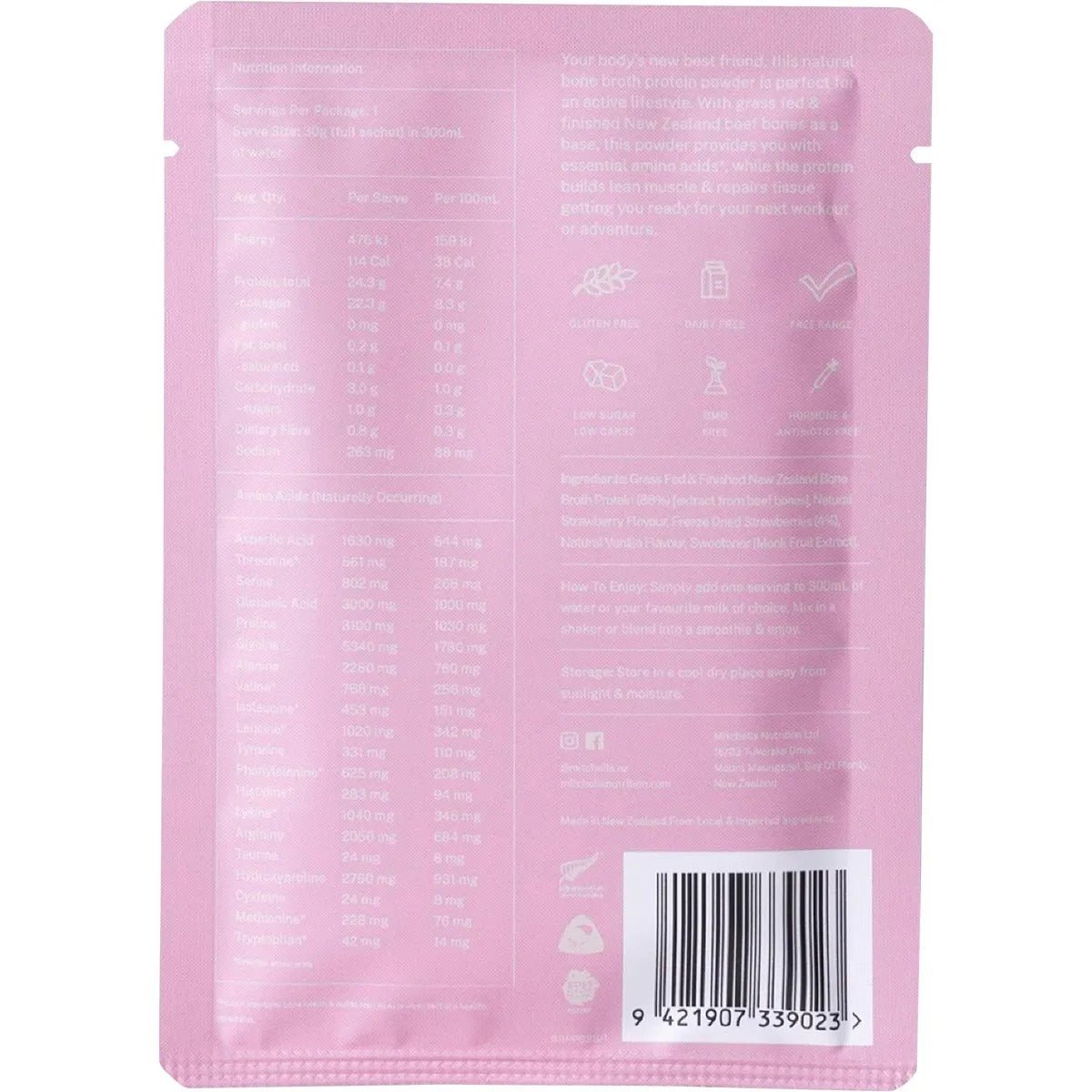 Back of Bone Broth Protein Powder Strawberry - 30g by Mitchells Nutrition with nutrition facts and usage details on pink packaging