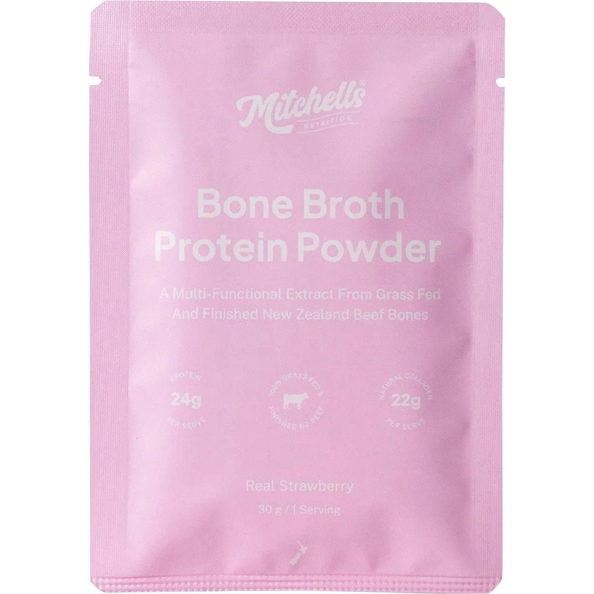 Bone Broth Protein Powder Strawberry - 30g by Mitchells Nutrition in pink pouch for low carb, carnivore, and keto diets