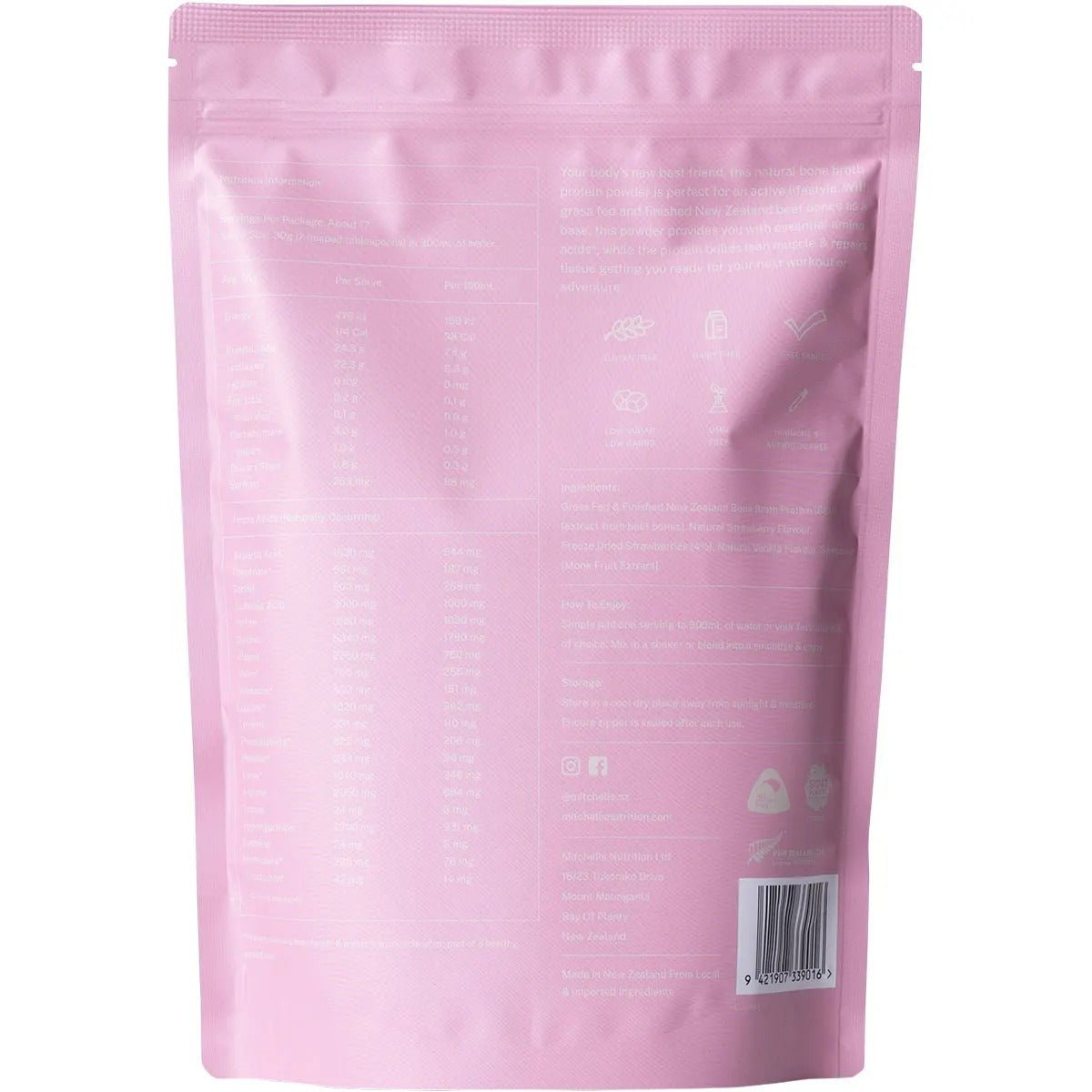 Back view of Bone Broth Protein Powder Strawberry - 500g by Mitchells Nutrition showing nutritional info and usage instructions.