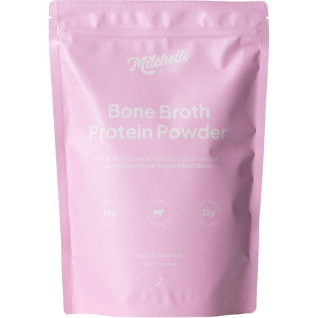 Bone Broth Protein Powder Strawberry - 500g by Mitchells Nutrition in pink resealable pouch from Protein & Collagen collection