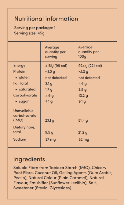 Nutritional information and ingredients list for Funday Caramel Chews - 45g showing energy, protein, fat, carbs, and fiber content.
