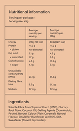 Nutritional information and ingredients list for Funday Caramel Chews - 45g showing energy, protein, fat, carbs, and fiber content.
