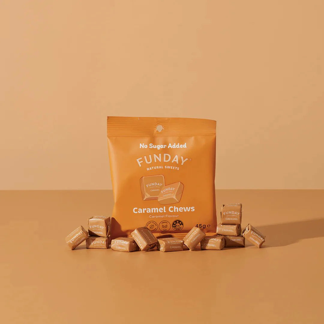 Funday Caramel Chews - 45g package with individually wrapped no sugar added caramel chews on a beige background