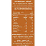 Nutrition facts and ingredients label for Caramel MilkDrops - 40ml by Vitalzing, low calorie, natural sweetener.
