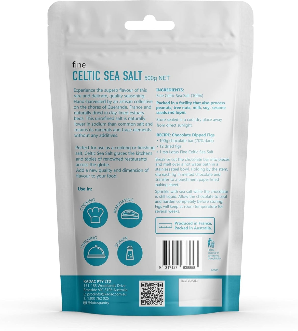 Back packaging of Celtic Sea Salt - Fine - 500g by Lotus showing ingredients, usage icons, and storage instructions.