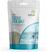 Celtic Sea Salt - Fine - 500g by Lotus in resealable pouch featuring artisan sea salt harvesting image