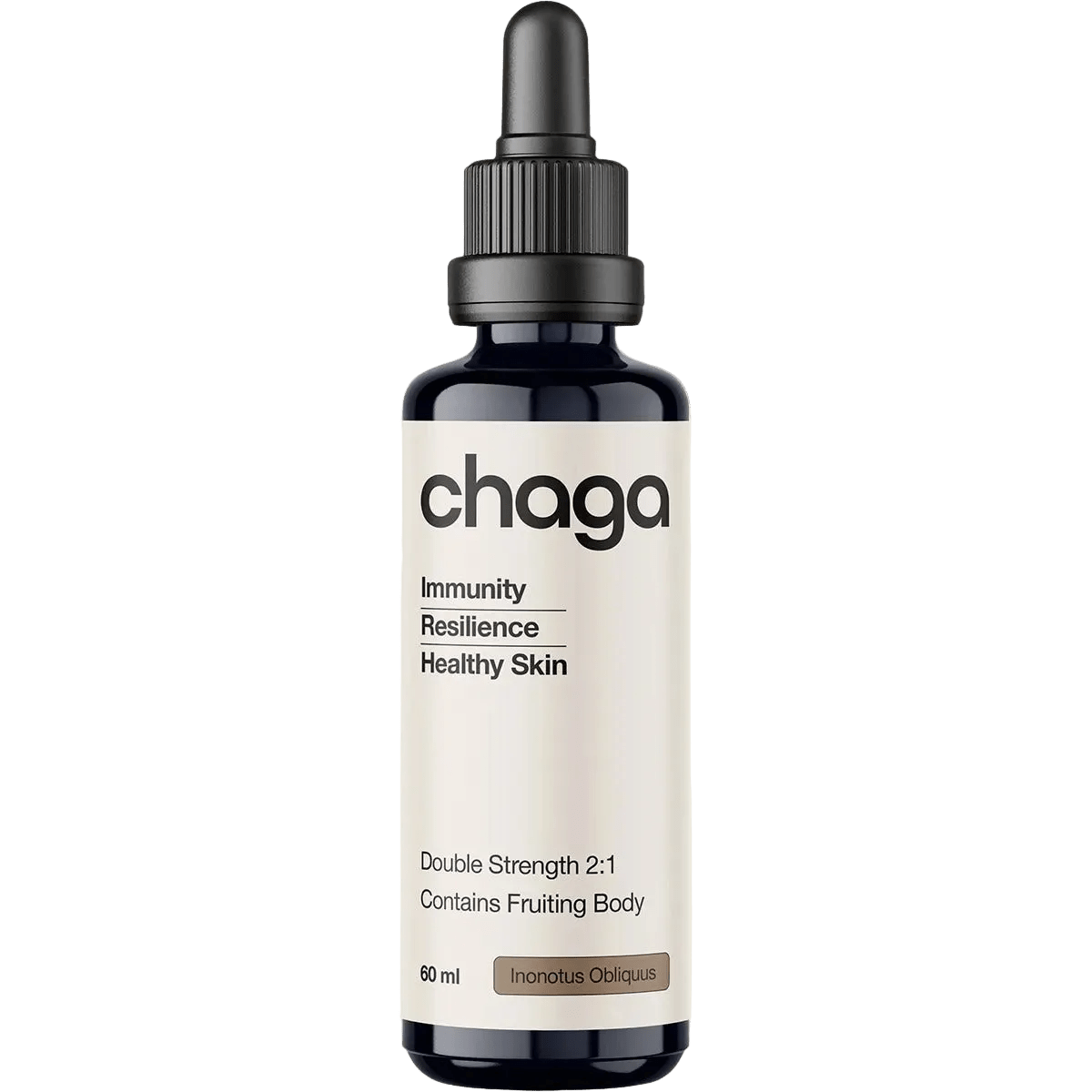 Bottle of Chaga Double Strength 2:1 Mushroom Liquid Extract - 60ml by Switch Nutrition, featuring immunity and skin health benefits in a dark dropper bottle.