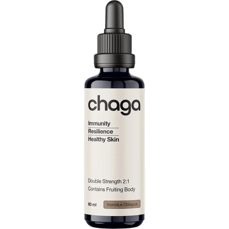 Bottle of Chaga Double Strength 2:1 Mushroom Liquid Extract - 60ml by Switch Nutrition, featuring immunity and skin health benefits in a dark dropper bottle.