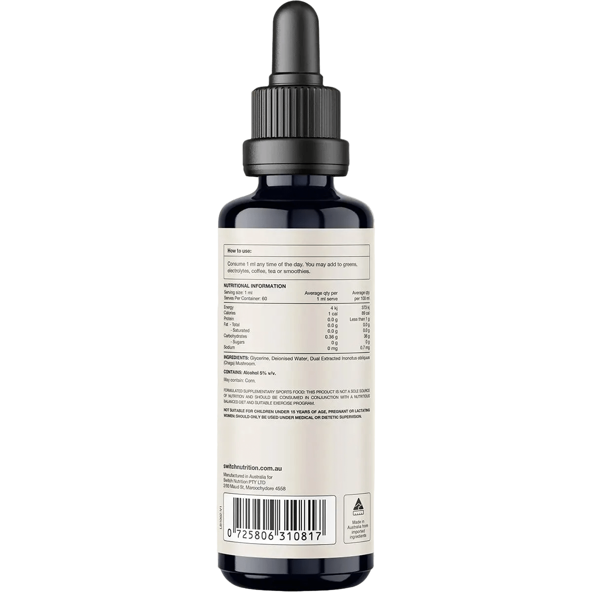 Back view of a 60ml bottle of Chaga Double Strength 2:1 Mushroom Liquid Extract by Switch Nutrition showing dosage instructions, nutritional facts, ingredients, and a dropper cap.