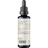 Back view of a 60ml bottle of Chaga Double Strength 2:1 Mushroom Liquid Extract by Switch Nutrition showing dosage instructions, nutritional facts, ingredients, and a dropper cap.