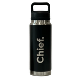 Chief Stainless Steel Water Bottle 800ml in matte black with silver accents and a sturdy carry handle design