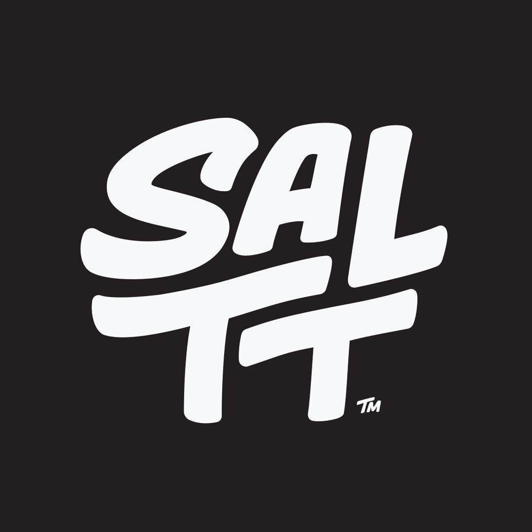 SALTT logo in bold white script on black background representing Blue Slushies - 30 Sticks electrolyte drink mix by SALTT