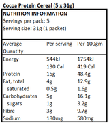 Nutrition information label for Cocoa Protein Cereal - 155g - Best Before 30 Jul 2026 by Wholesome Provisions, showing serving size and nutrient values.