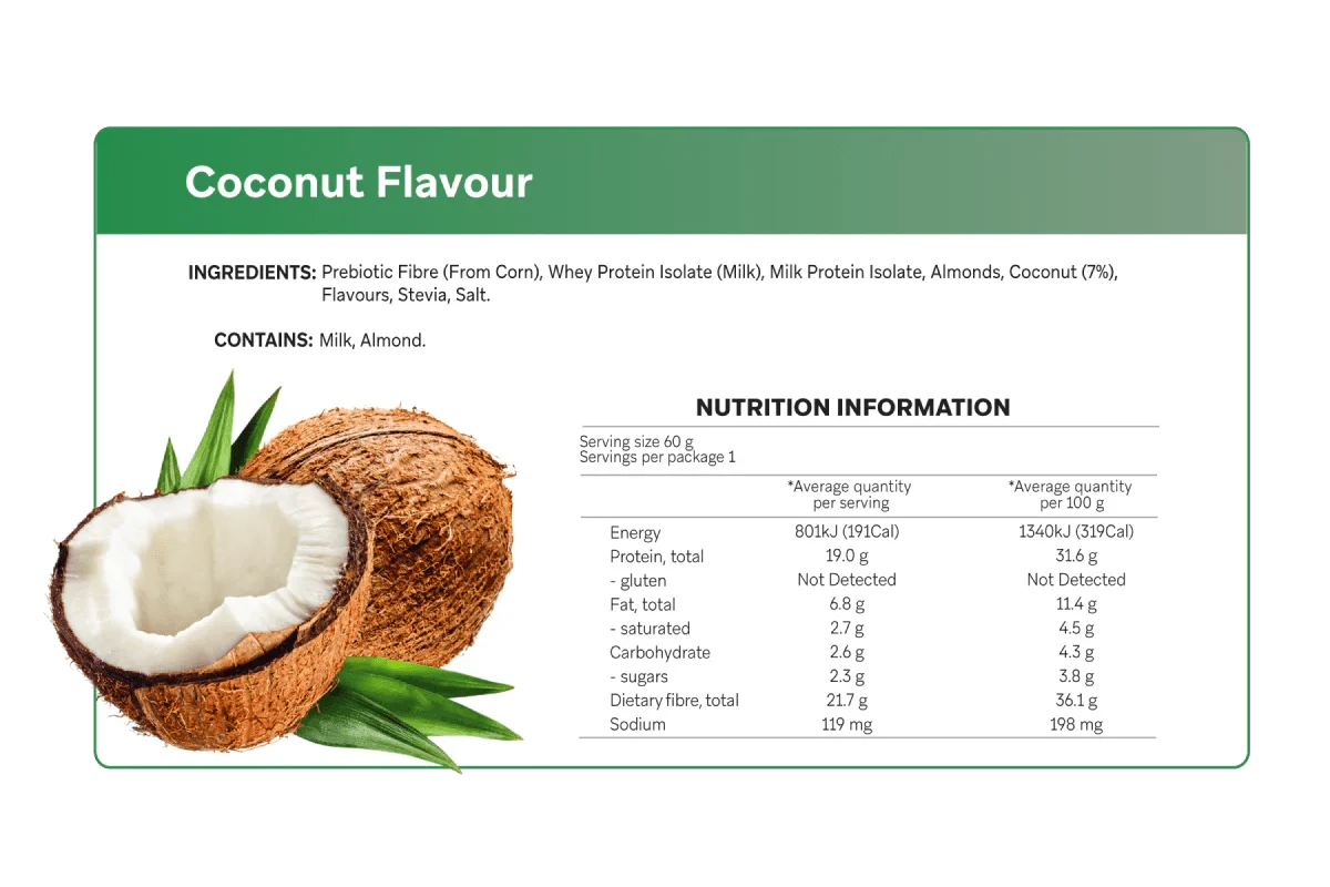 Nutrition panel for Coconut Smart Protein Bar - 60g by Smart Diet Solutions with ingredient and dietary information panel.
