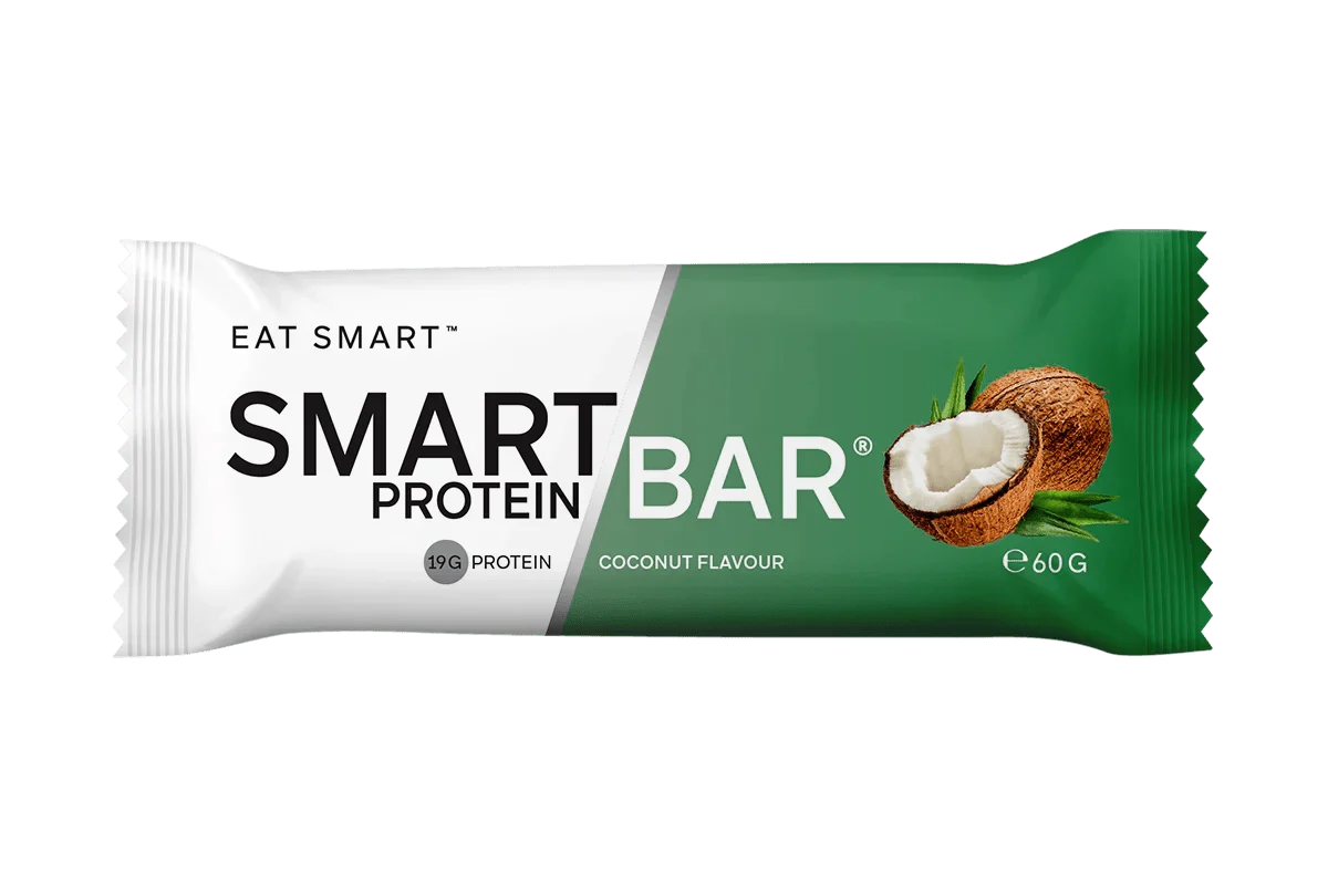 Coconut Smart Protein Bar - 60g by Smart Diet Solutions in green and white packaging with coconut image, low carb snack bar