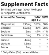 Supplement facts panel for ConcenTrace - Trace Mineral Drops - 237ml showing mineral content and serving details by Trace Minerals.