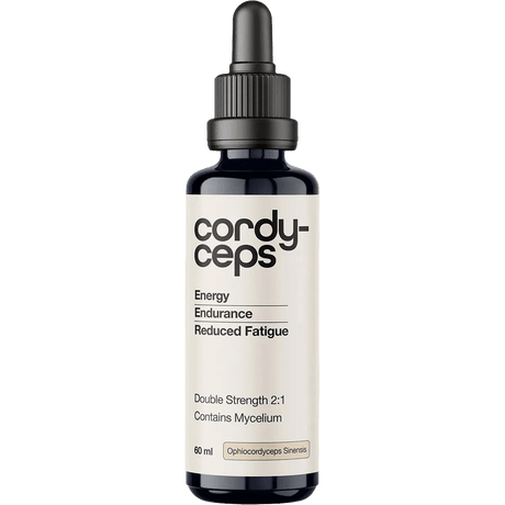 Cordyceps 2:1 Mushroom Liquid Extract - 60ml by Switch Nutrition in a dark glass dropper bottle promoting energy, endurance, and reduced fatigue, suitable for keto and low carb lifestyles.