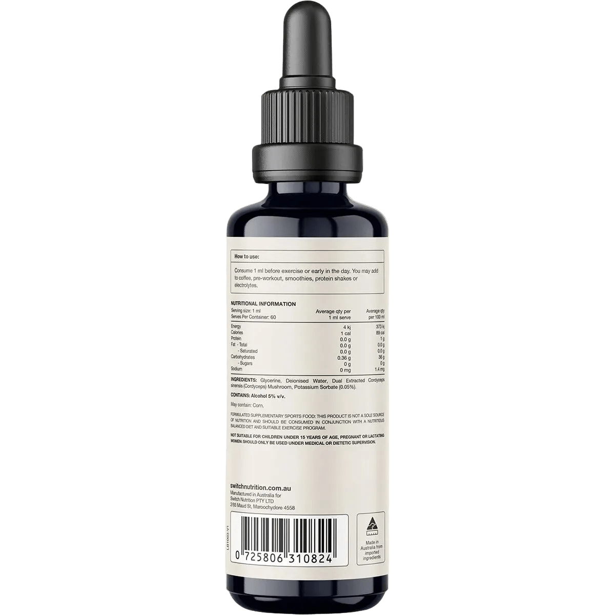 Back label of Switch Nutrition's Cordyceps 2:1 Mushroom Liquid Extract - 60ml showing usage instructions, nutritional facts, ingredients, and compliance information for keto and low carb support.