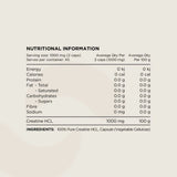 Nutrition facts label showing serving size, zero calories, zero fats, and 1000 mg Creatine HCL per 2 capsules for Creatine 100% Pure HCL - 240 Caps by Switch Nutrition.