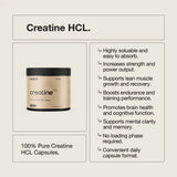 Creatine 100% Pure HCL - 240 Caps by Switch Nutrition in minimalist beige container with product benefits listed.