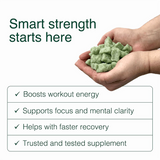 Hands holding Swoleys Creatine Gummy Bears - Sour Apple with benefits for strength, focus, recovery, and energy boost.