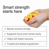 Hand holding Swoleys Creatine Gummy Bears - Sour Peach promoting workout energy, focus, recovery, and trusted supplement benefits