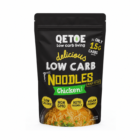 Qetoe Delicious Low Carb Chicken Noodles - 290g pouch with 1.5g carbs, keto, vegan, non-GMO, and low calorie pasta option.