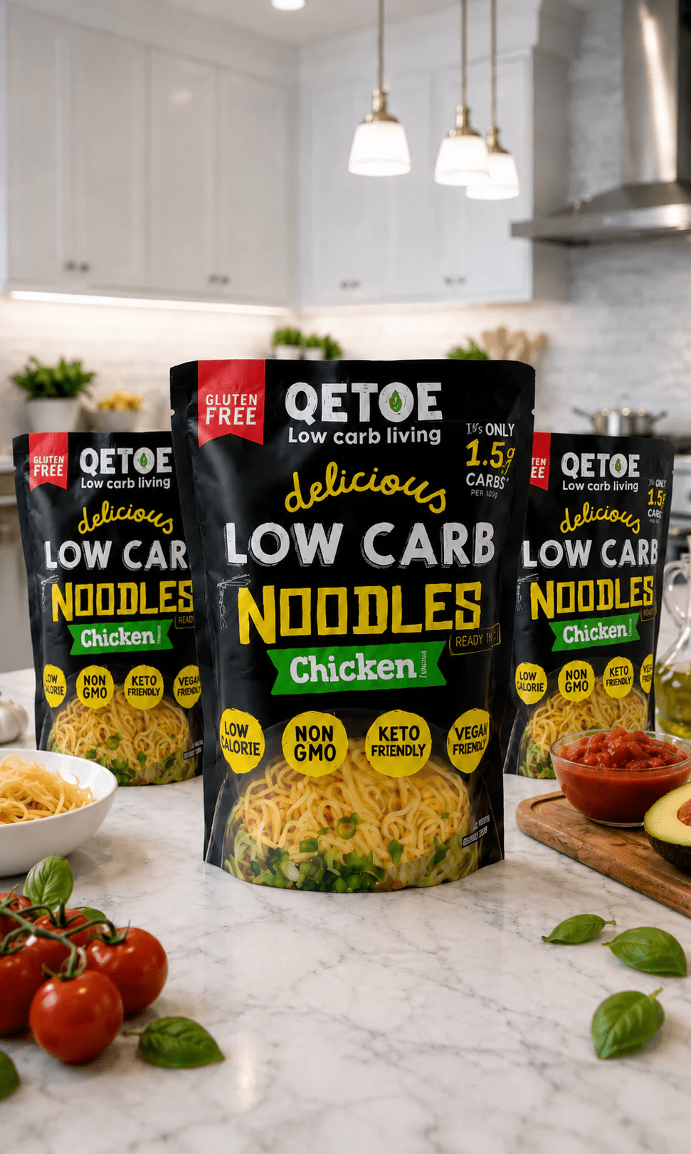 Packaging of Delicious Low Carb Chicken Noodles - 290g by Qetoe displayed in a modern kitchen setting with fresh ingredients nearby.