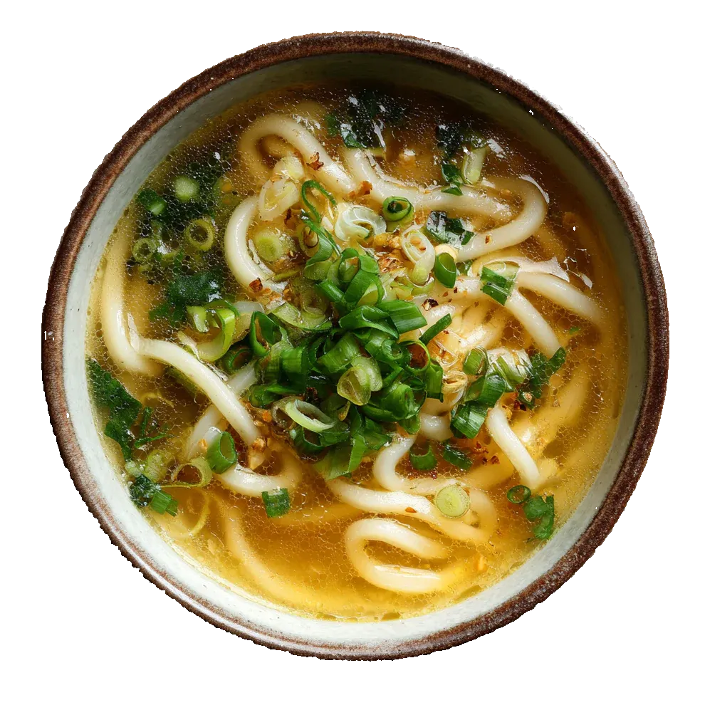 Bowl of Delicious Low Carb Chicken Noodles - 290g by Qetoe with broth and chopped green onions garnish