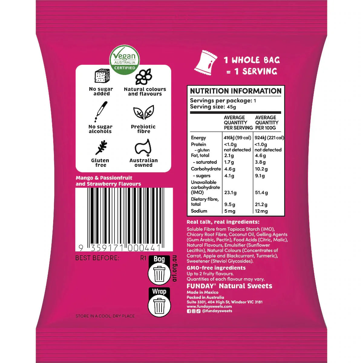 Back of a pink Funday Fruity Chews - 45g bag labeled vegan, showing nutrition info, barcode, recycling symbols, and icons for no sugar added, plant-based prebiotic fibre, natural flavors, and Australian owned. Includes ingredients and flavor details.