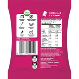 Back of a pink Funday Fruity Chews - 45g bag labeled vegan, showing nutrition info, barcode, recycling symbols, and icons for no sugar added, plant-based prebiotic fibre, natural flavors, and Australian owned. Includes ingredients and flavor details.