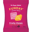 A pink 45g packet of Funday Fruity Chews labeled No Sugar Added and Natural Sweets, packed with plant-based prebiotic fibre, featuring chewy strawberry and mango passion candies.