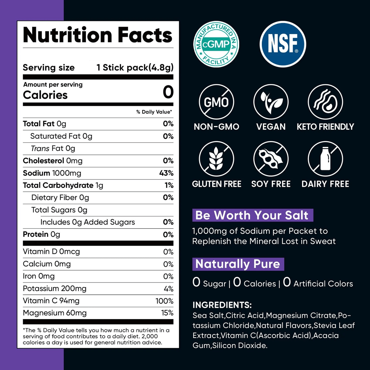 Nutrition facts and certifications for Grape Electrolyte Drink Mix - 30 Sticks by Venture Pal, from Drinks and Electrolytes collections.