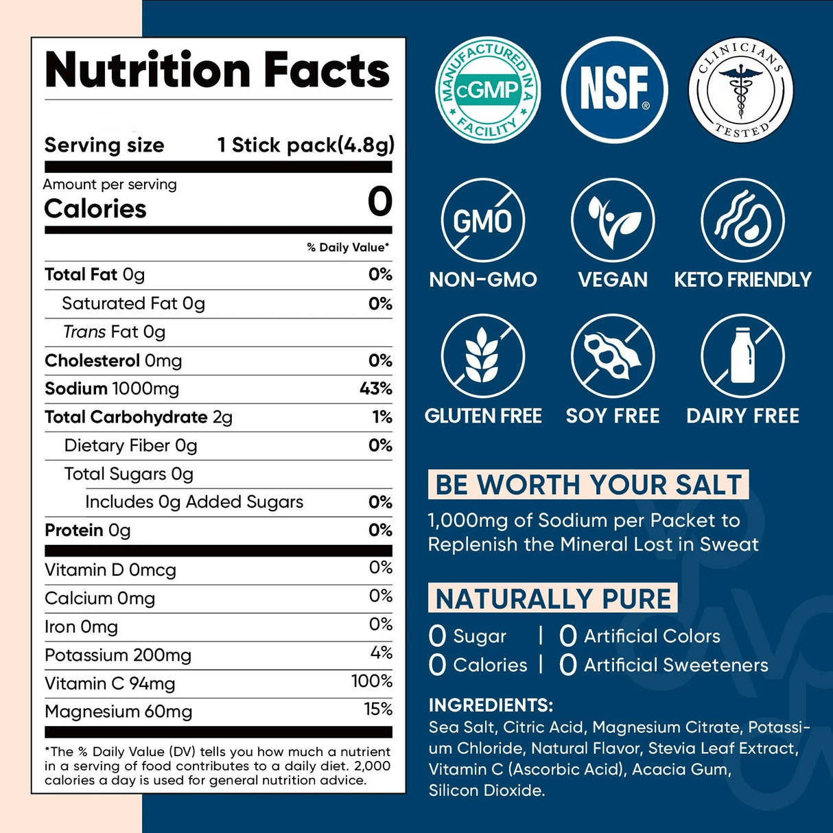 Nutrition facts label and icons for Venture Pal Grapefruit Electrolyte Drink Mix - 30 Sticks showing key nutrients, certifications, and benefits.