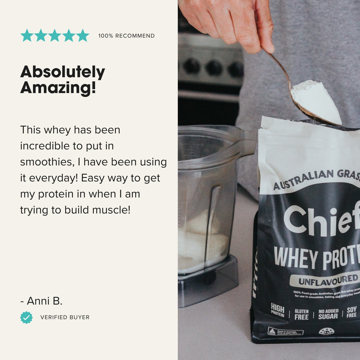 Hand scooping Chief Grass-fed Whey Protein Powder - Unflavoured - 900g bag next to blender in kitchen setting