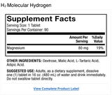 Supplement facts for H2 Molecular Hydrogen - 80 mg - 90 Tablets by Dr. Mercola showing magnesium content and usage instructions.