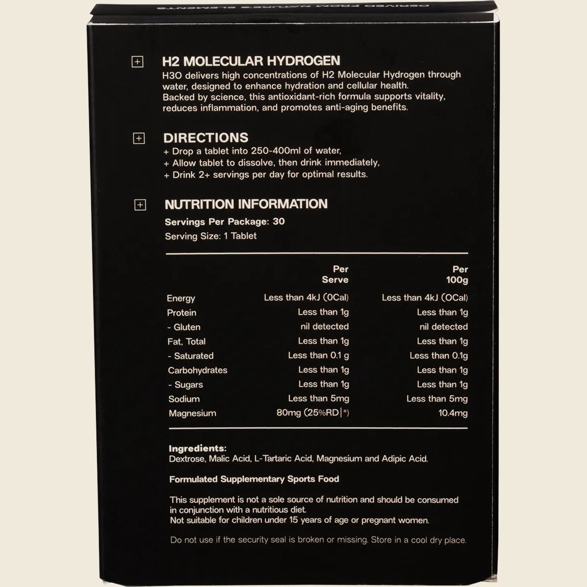 H2 Molecular Hydrogen Water Tablets Natural - 30pk