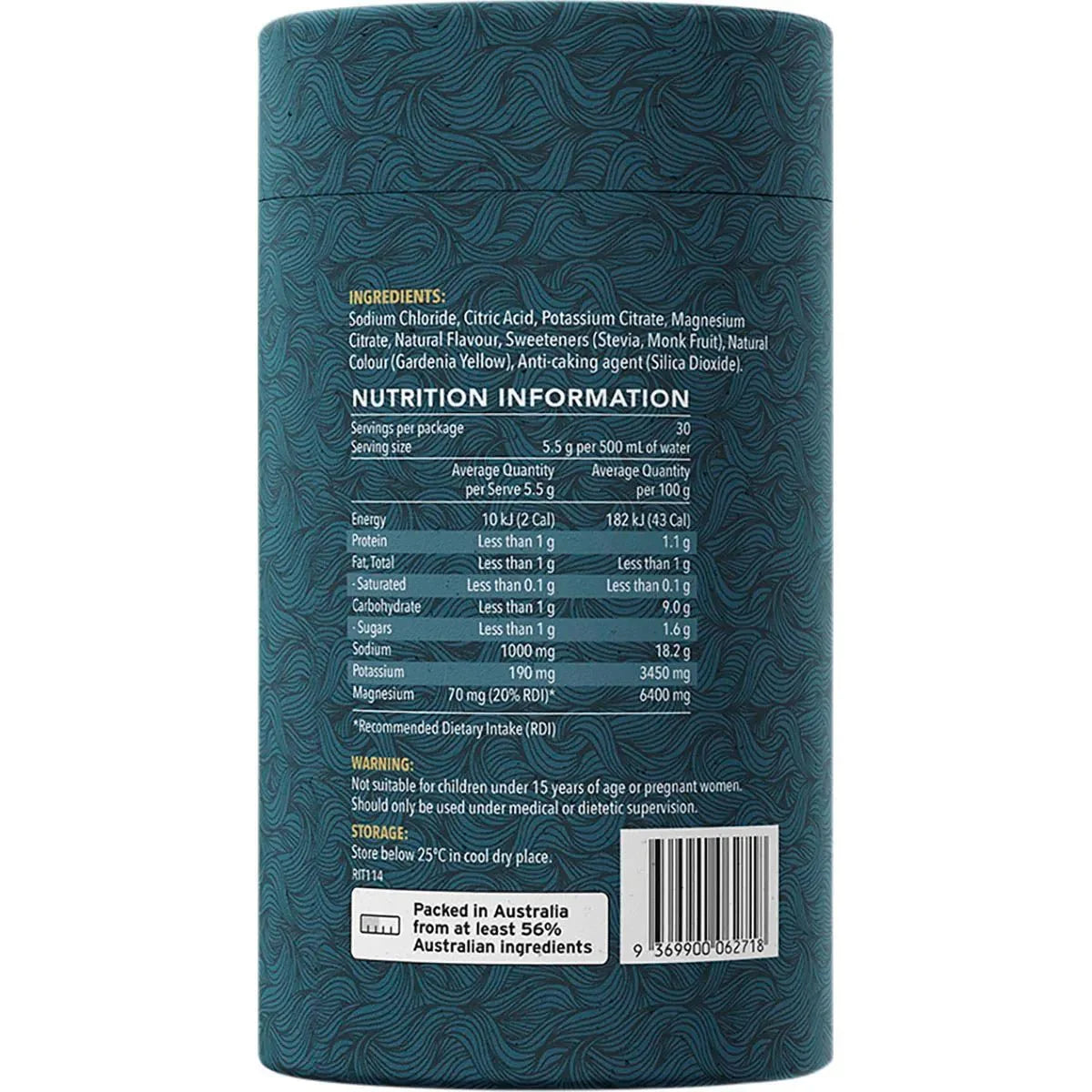 Nutrition label and ingredients list on Ritua Hydrate - Lemon Lime - 30 Pack electrolyte supplement in dark cylindrical packaging