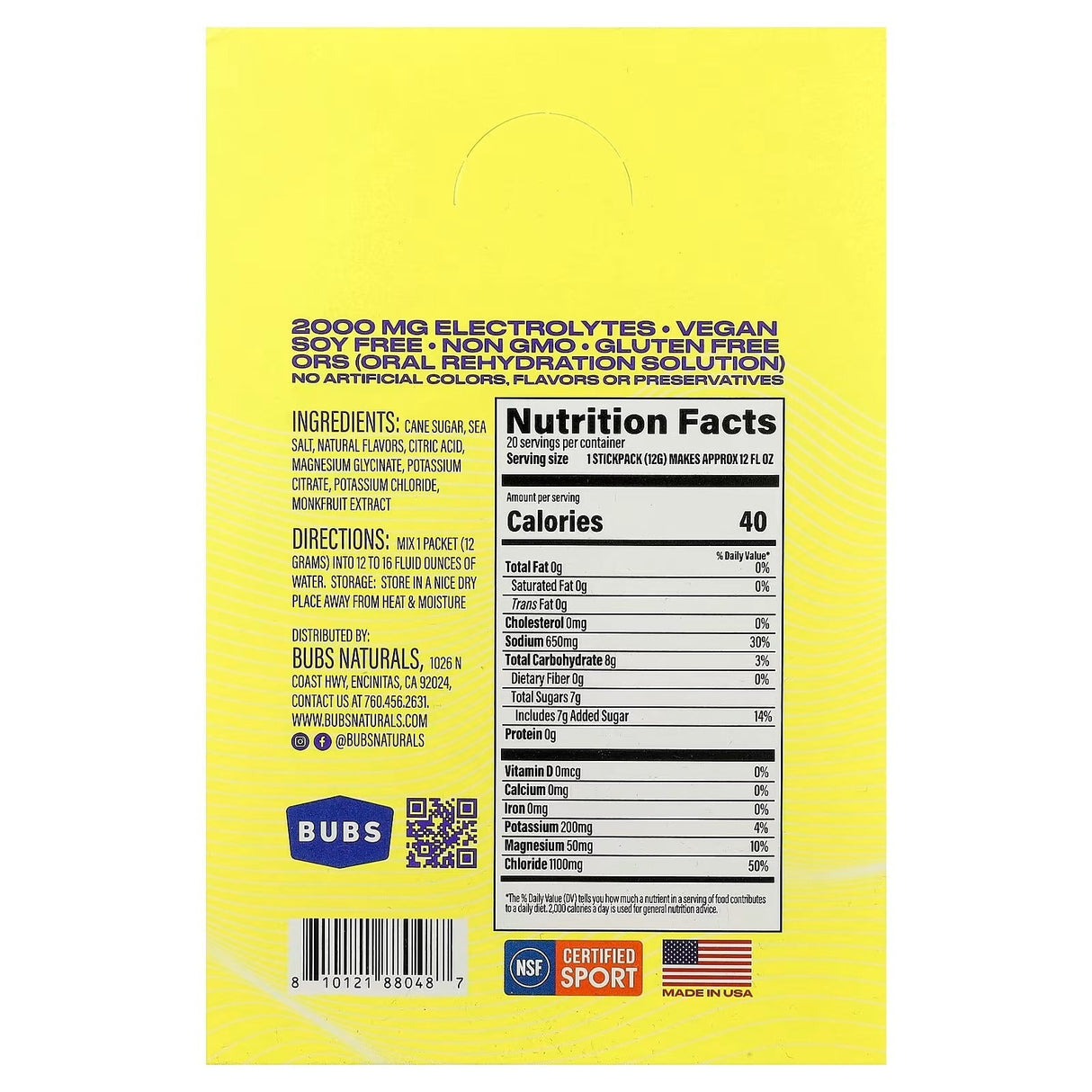 Back label of Hydrate or Die® Electrolytes Drink Mix - Lemon - 20 Sticks by BUBS Naturals with nutrition info and ingredients.