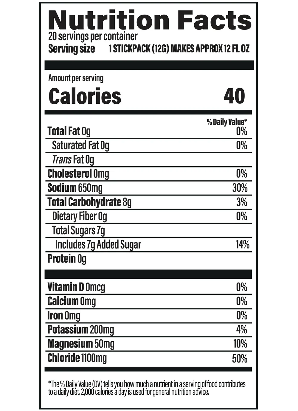 Nutrition facts label for Hydrate or Die® Electrolytes Drink Mix - Lemon - 20 Sticks by BUBS Naturals with calorie and mineral details.