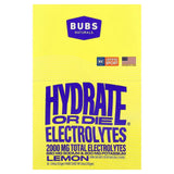 Yellow pack of Hydrate or Die® Electrolytes Drink Mix - Lemon - 20 Sticks by BUBS Naturals with electrolyte information text.