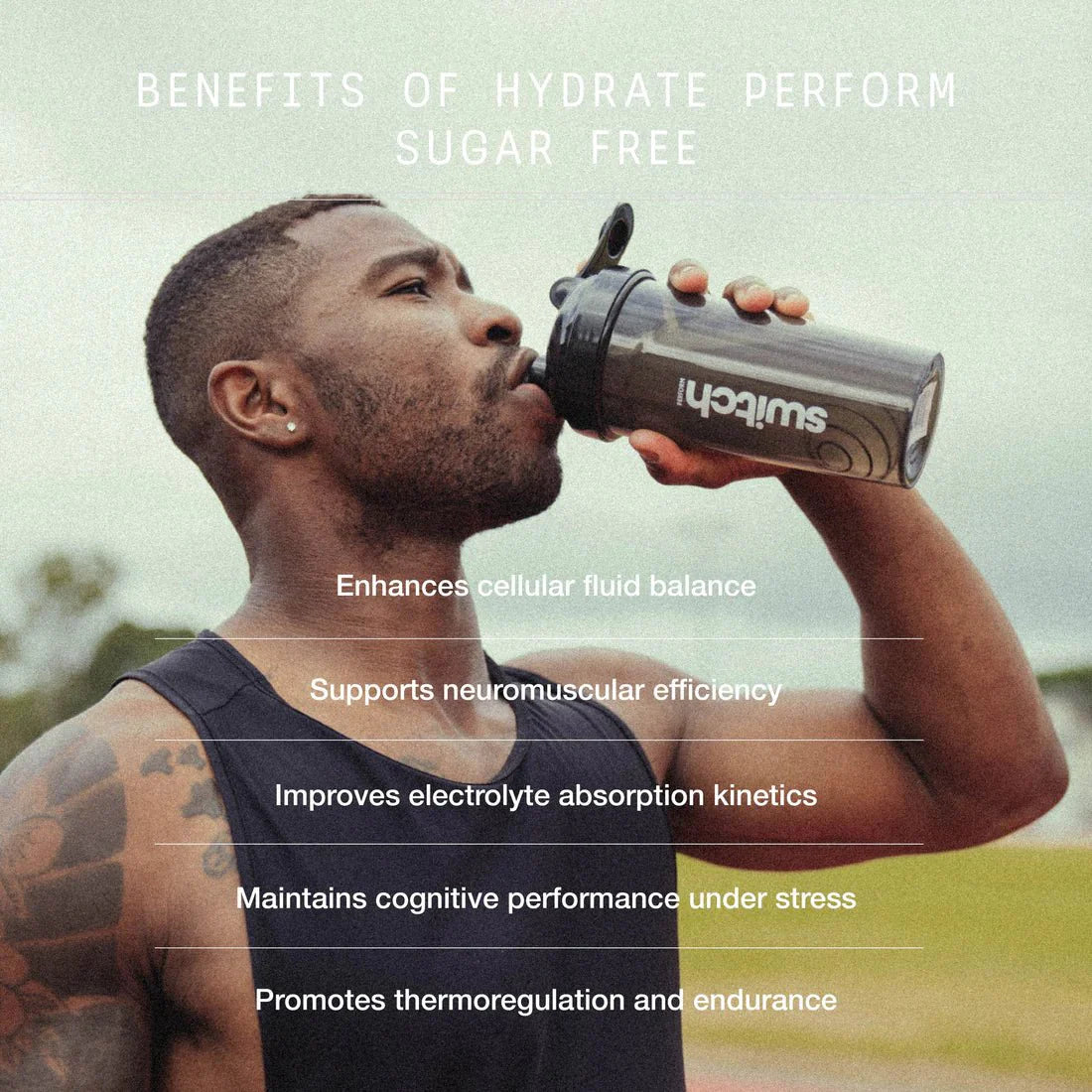 Man drinking from Switch Nutrition shaker bottle, promoting Hydrate Perform - Kiwi Watermelon - 20 Sticks benefits outdoors