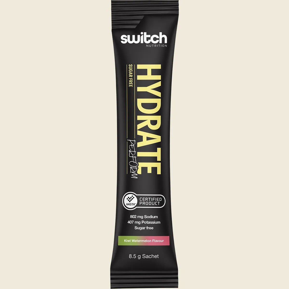 Switch Nutrition Hydrate Perform - Kiwi Watermelon - 20 Sticks sachet in black packaging with nutrition and flavor details