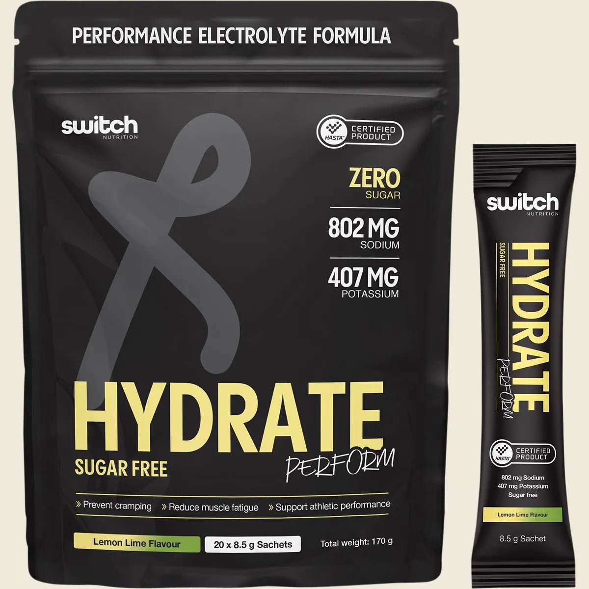 Hydrate Perform Lemon Lime - 20 Sticks by Switch Nutrition, sugar-free electrolyte mix for drinks and performance.