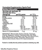 Nutrition information label for a formulated supplementary sports food product.