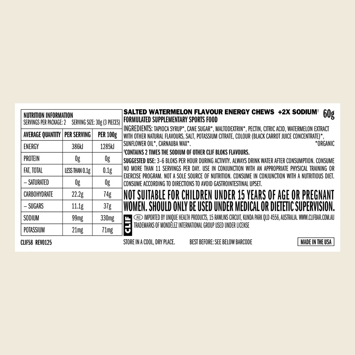 Bloks Energy Chews Salted Watermelon 100mg Sodium - 60g - Best Before 25 Nov 2026