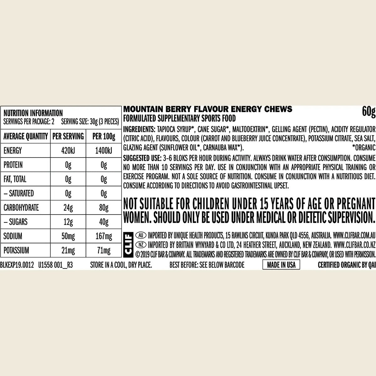 Bloks Energy Chews Mountain Berry - 60g - Best Before 15 Nov 2026